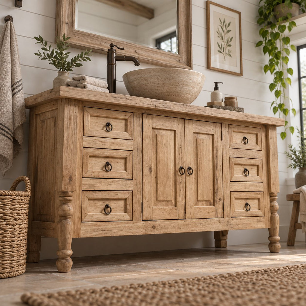 Turned-Leg Solid Wood Single-Sink Bathroom Vanity, Farmhouse Stone-Top Cabinet with Ring-Pull Drawers