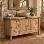 Turned-Leg Solid Wood Single-Sink Bathroom Vanity, Farmhouse Stone-Top Cabinet with Ring-Pull Drawers