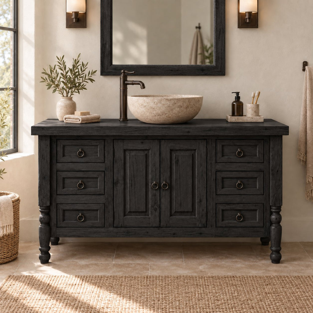 Turned-Leg Solid Wood Single-Sink Bathroom Vanity, Farmhouse Stone-Top Cabinet with Ring-Pull Drawers