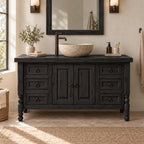 Turned-Leg Solid Wood Single-Sink Bathroom Vanity, Farmhouse Stone-Top Cabinet with Ring-Pull Drawers
