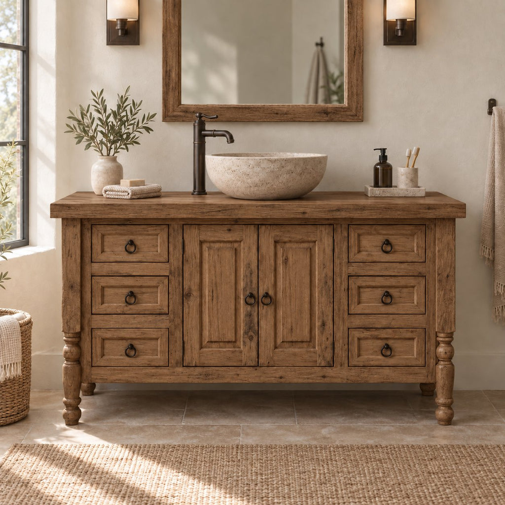 Turned-Leg Solid Wood Single-Sink Bathroom Vanity, Farmhouse Stone-Top Cabinet with Ring-Pull Drawers