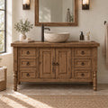Turned-Leg Solid Wood Single-Sink Bathroom Vanity, Farmhouse Stone-Top Cabinet with Ring-Pull Drawers