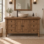 Turned-Leg Solid Wood Single-Sink Bathroom Vanity, Farmhouse Stone-Top Cabinet with Ring-Pull Drawers