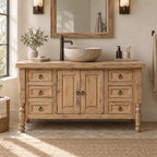 Turned-Leg Solid Wood Single-Sink Bathroom Vanity, Farmhouse Stone-Top Cabinet with Ring-Pull Drawers