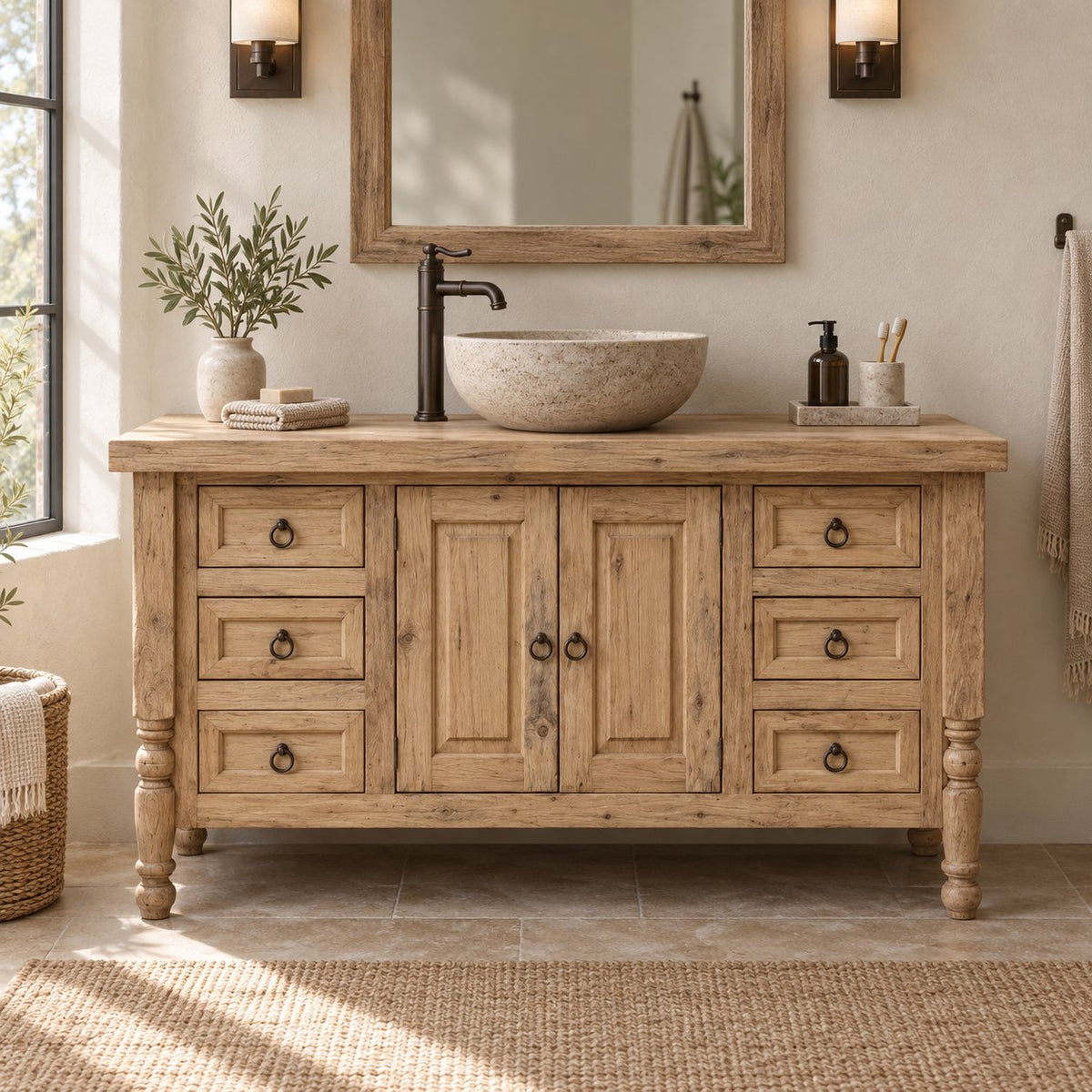 Turned-Leg Solid Wood Single-Sink Bathroom Vanity, Farmhouse Stone-Top Cabinet with Ring-Pull Drawers