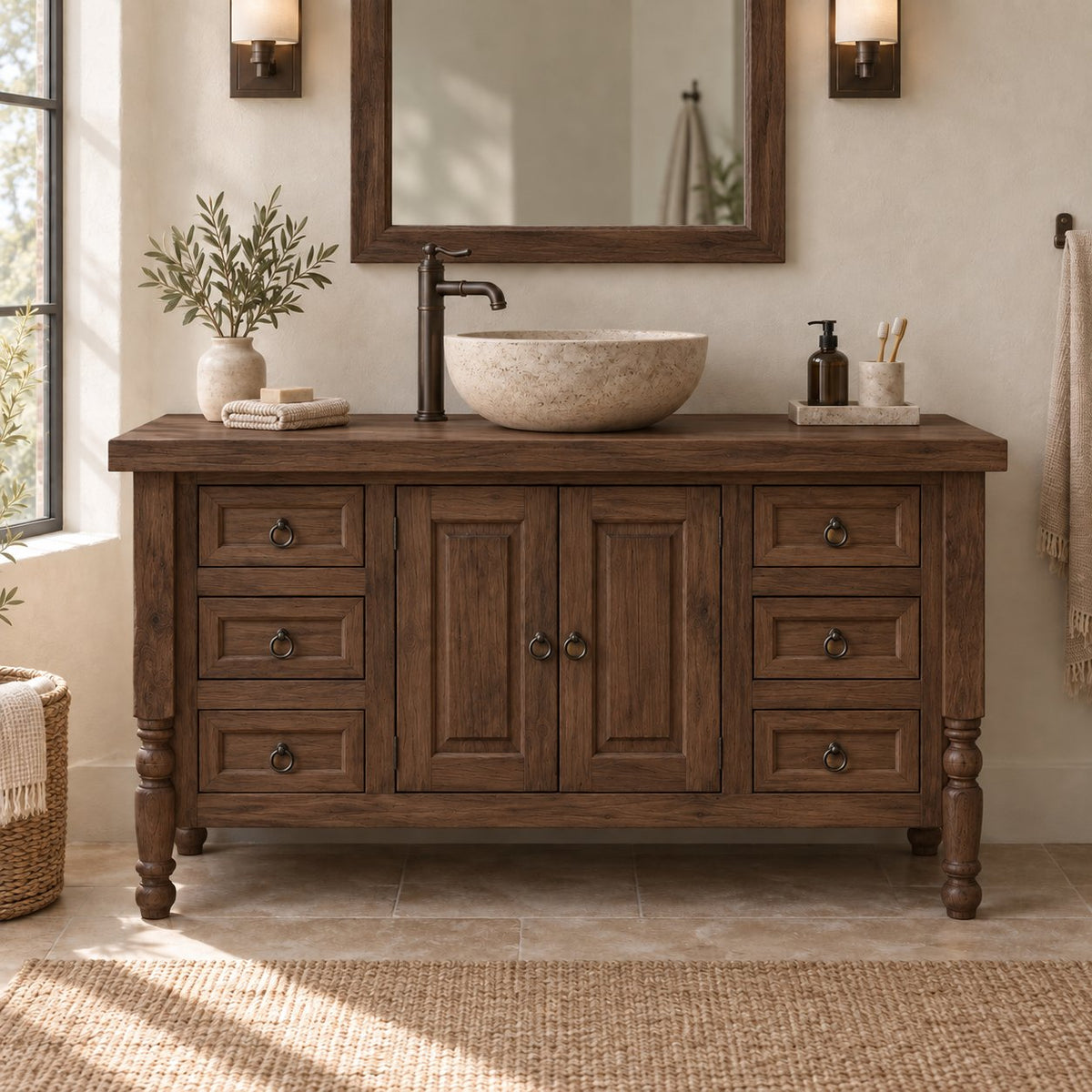 Turned-Leg Solid Wood Single-Sink Bathroom Vanity, Farmhouse Stone-Top Cabinet with Ring-Pull Drawers
