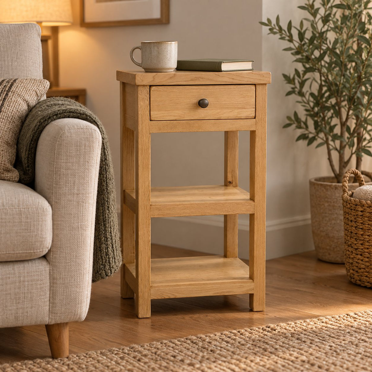 Slimline Solid Oak Console Table with Drawer & Two Shelves, Narrow Hallway Side Storage