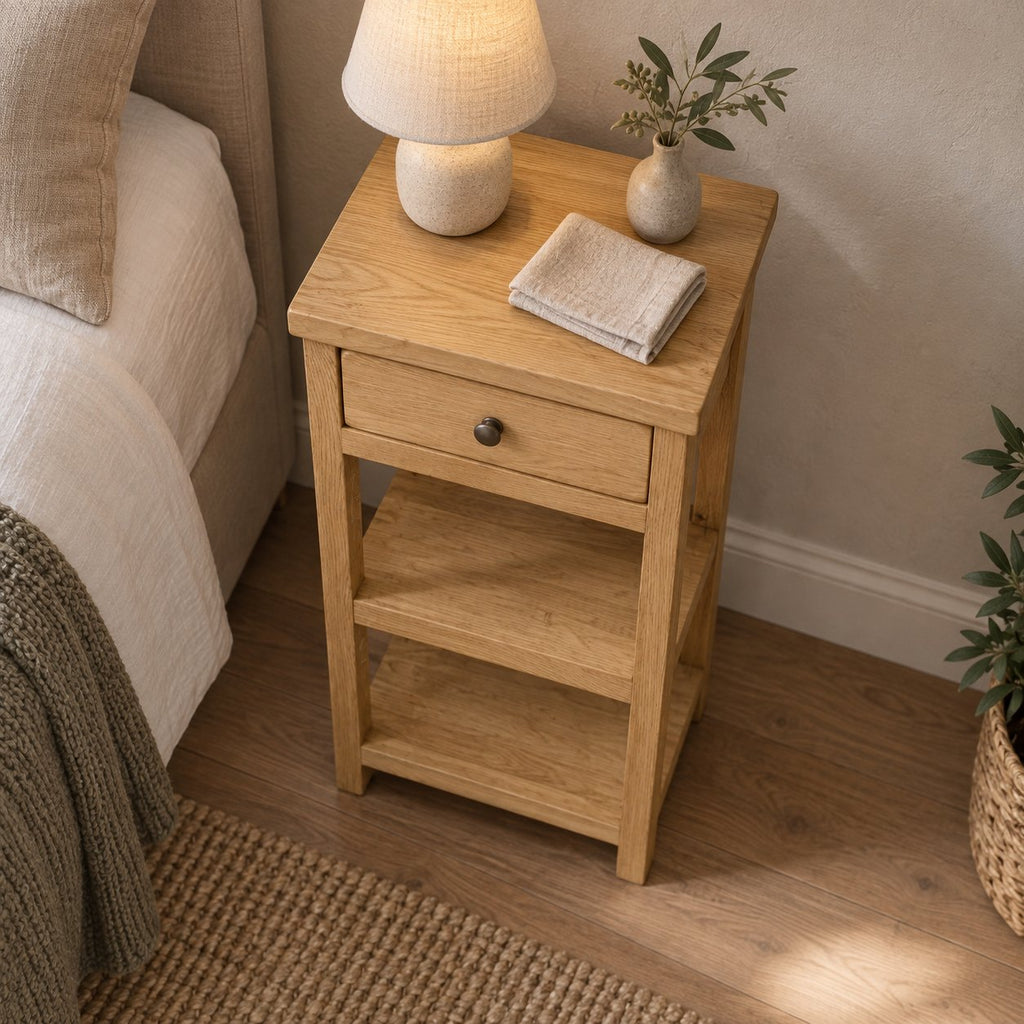 Slimline Solid Oak Console Table with Drawer & Two Shelves, Narrow Hallway Side Storage