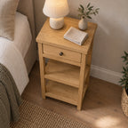 Slimline Solid Oak Console Table with Drawer & Two Shelves, Narrow Hallway Side Storage