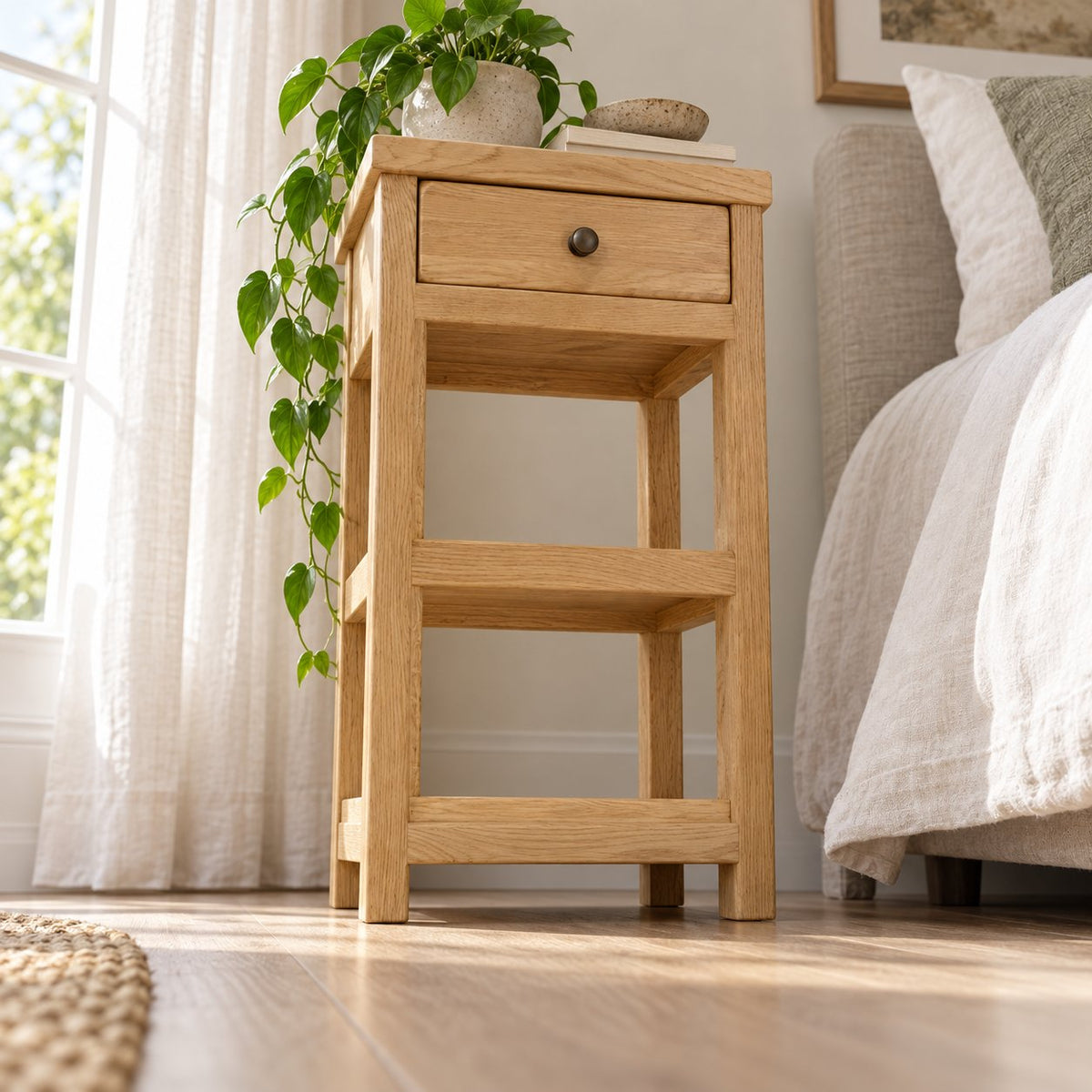 Slimline Solid Oak Console Table with Drawer & Two Shelves, Narrow Hallway Side Storage