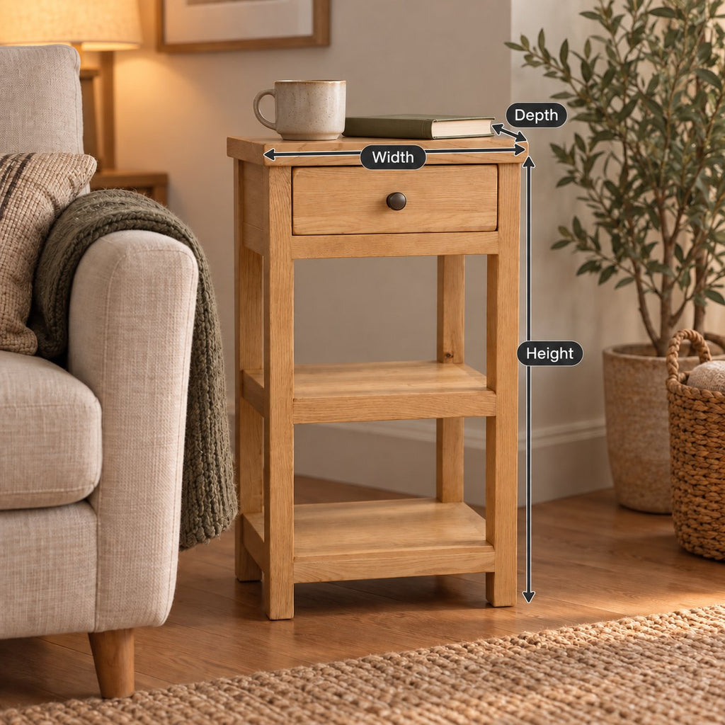 Slimline Solid Oak Console Table with Drawer & Two Shelves, Narrow Hallway Side Storage