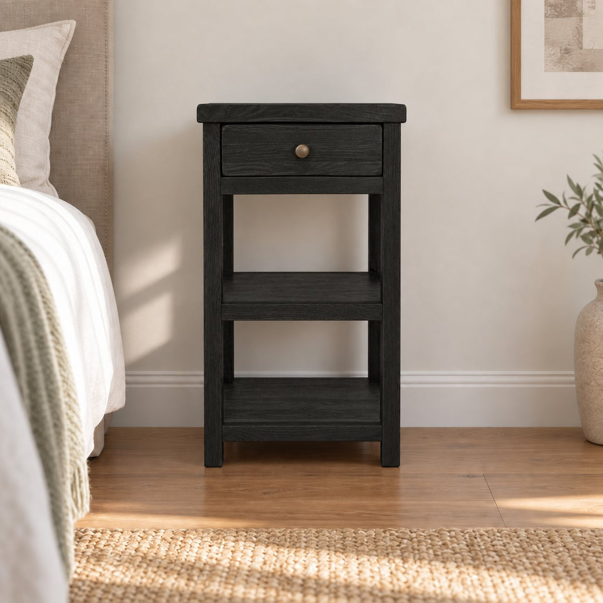 Slimline Solid Oak Console Table with Drawer & Two Shelves, Narrow Hallway Side Storage