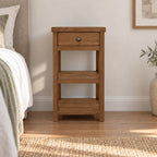 Slimline Solid Oak Console Table with Drawer & Two Shelves, Narrow Hallway Side Storage