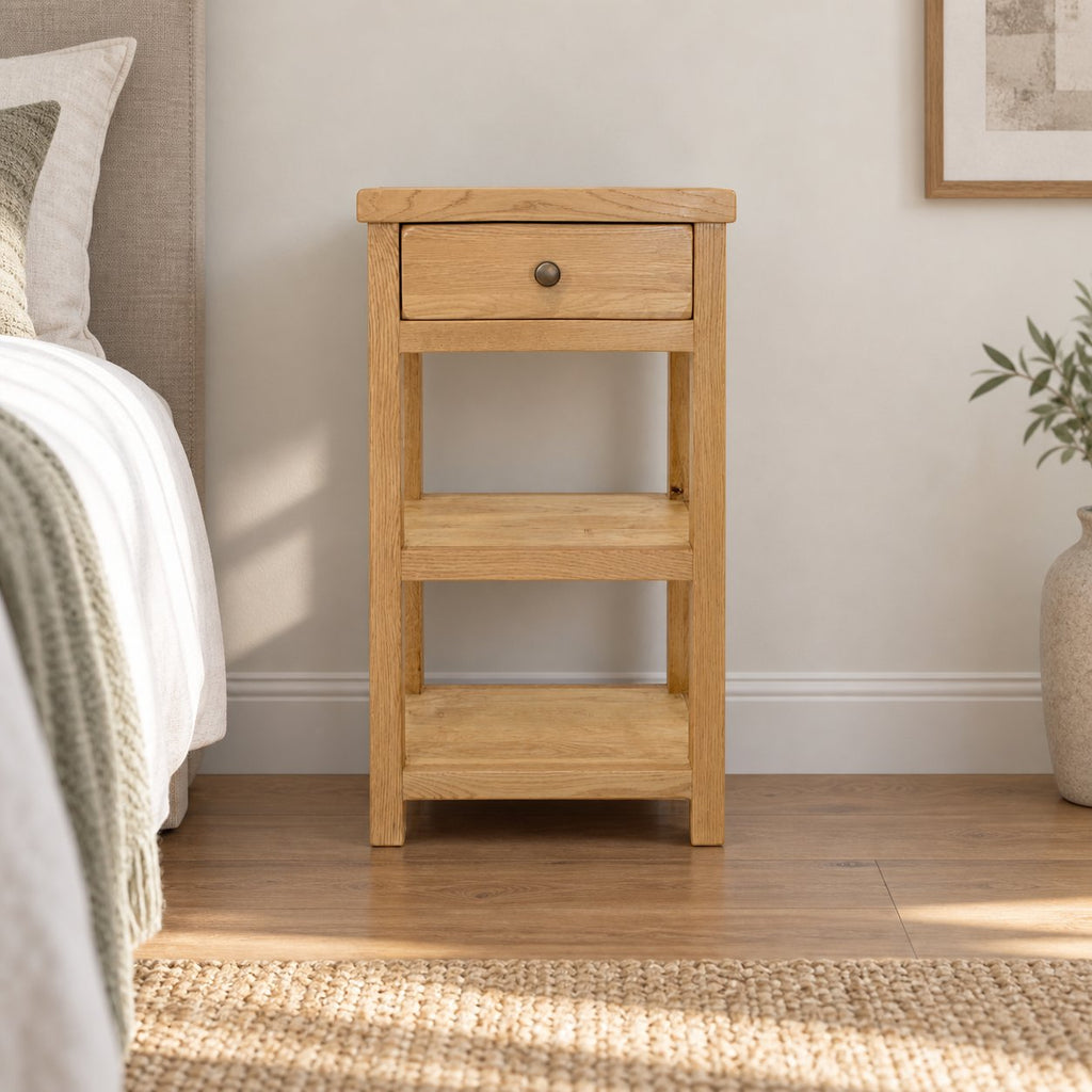 Slimline Solid Oak Console Table with Drawer & Two Shelves, Narrow Hallway Side Storage