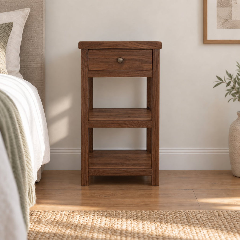 Slimline Solid Oak Console Table with Drawer & Two Shelves, Narrow Hallway Side Storage