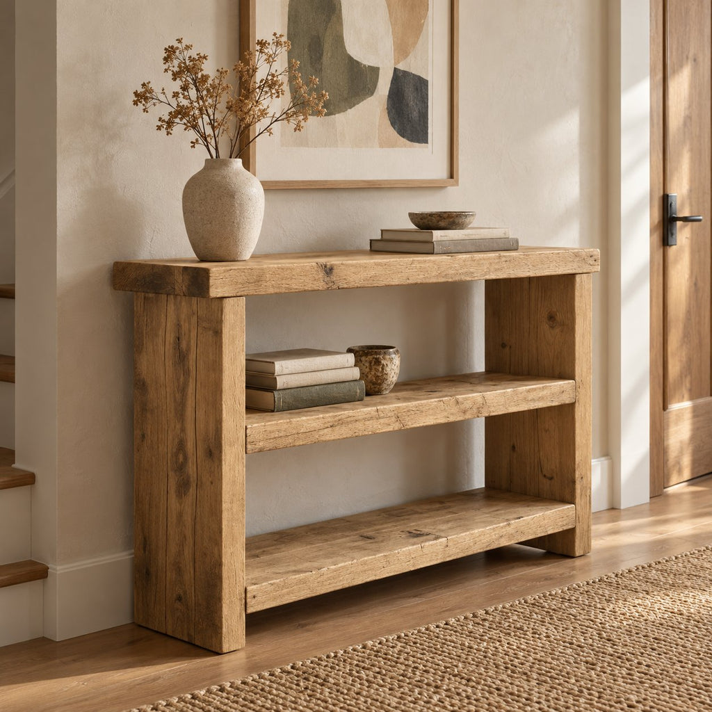 Chunky Solid Wood Entryway Console Table with Two Open Shelves, Rustic Pine Narrow Hallway Storage