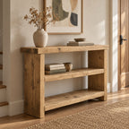 Chunky Solid Wood Entryway Console Table with Two Open Shelves, Rustic Pine Narrow Hallway Storage