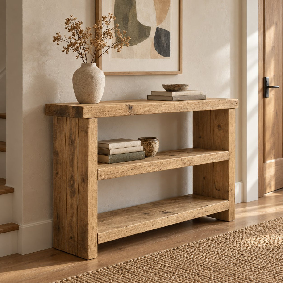 Chunky Solid Wood Entryway Console Table with Two Open Shelves, Rustic Pine Narrow Hallway Storage