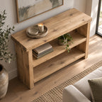 Chunky Solid Wood Entryway Console Table with Two Open Shelves, Rustic Pine Narrow Hallway Storage