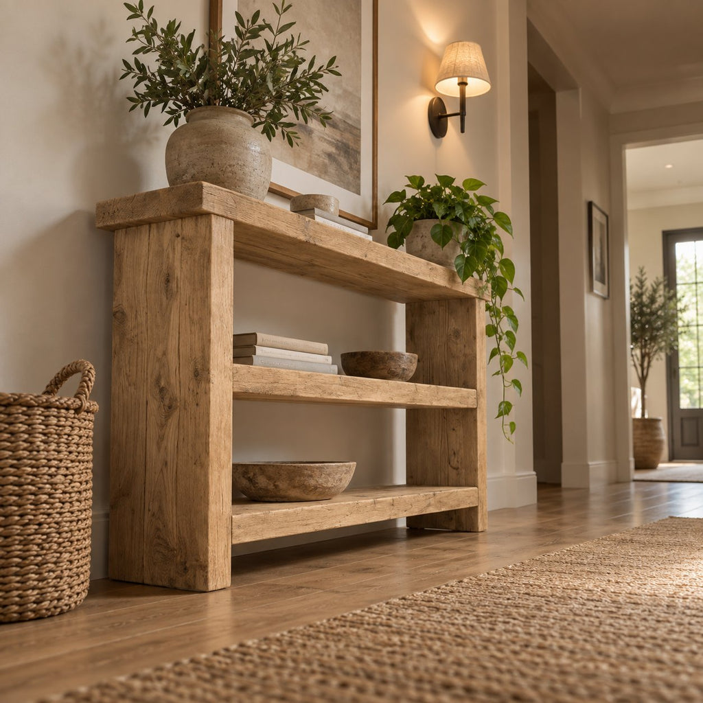 Chunky Solid Wood Entryway Console Table with Two Open Shelves, Rustic Pine Narrow Hallway Storage