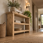 Chunky Solid Wood Entryway Console Table with Two Open Shelves, Rustic Pine Narrow Hallway Storage