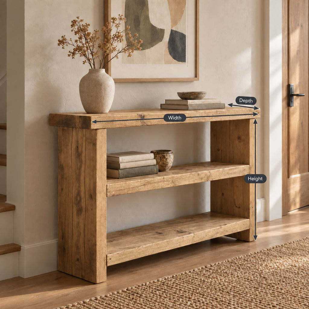 Chunky Solid Wood Entryway Console Table with Two Open Shelves, Rustic Pine Narrow Hallway Storage