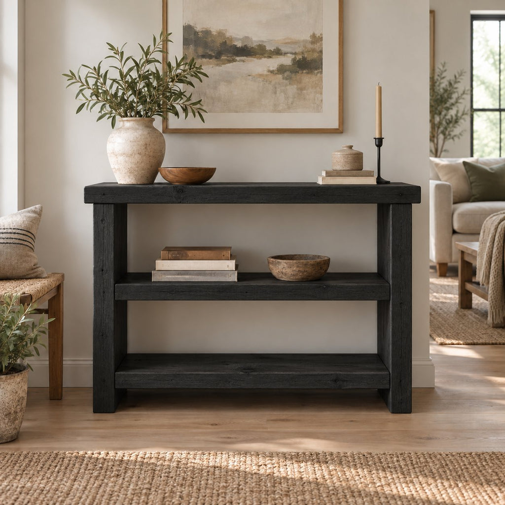 Chunky Solid Wood Entryway Console Table with Two Open Shelves, Rustic Pine Narrow Hallway Storage