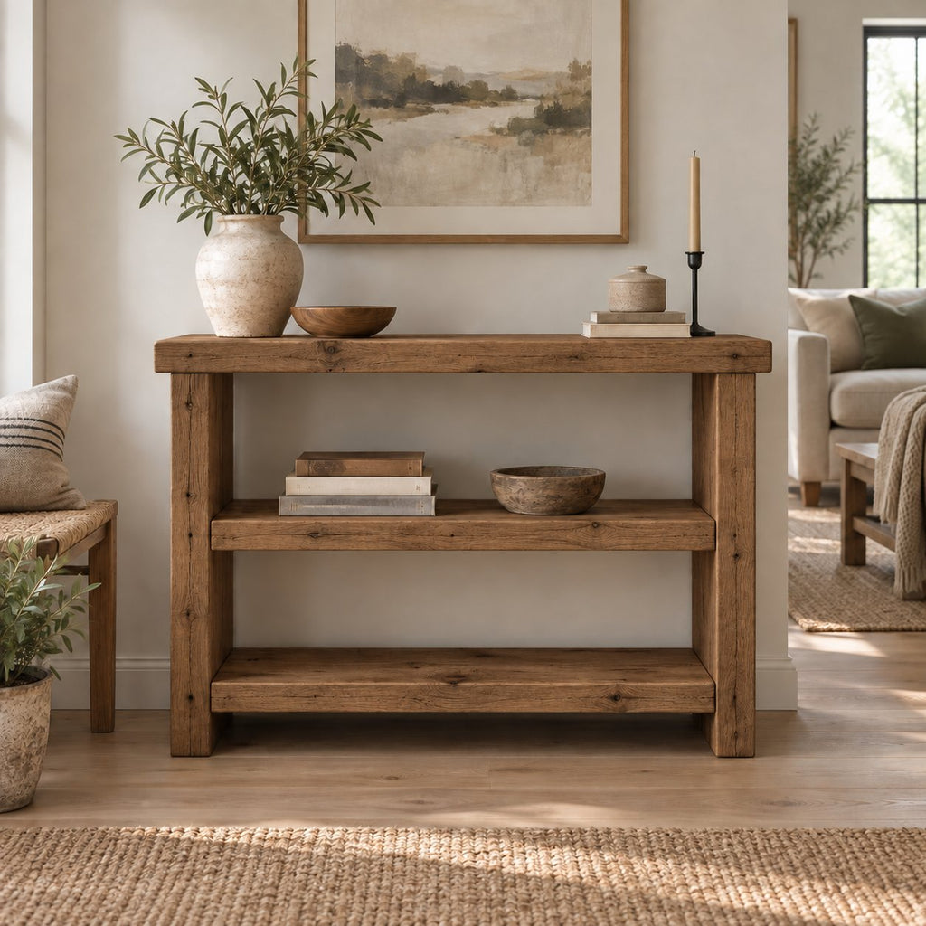 Chunky Solid Wood Entryway Console Table with Two Open Shelves, Rustic Pine Narrow Hallway Storage