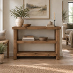 Chunky Solid Wood Entryway Console Table with Two Open Shelves, Rustic Pine Narrow Hallway Storage