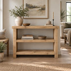 Chunky Solid Wood Entryway Console Table with Two Open Shelves, Rustic Pine Narrow Hallway Storage