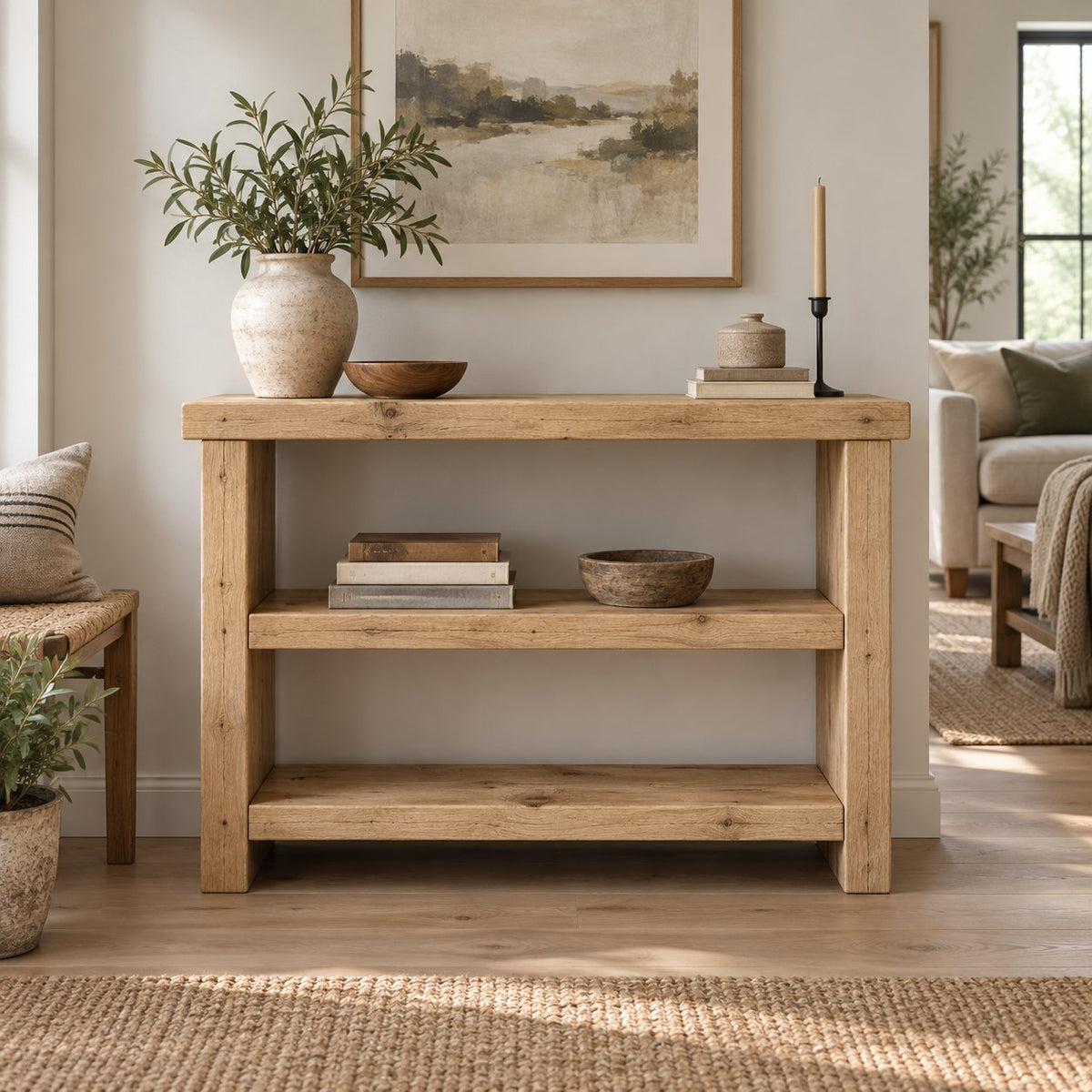 Chunky Solid Wood Entryway Console Table with Two Open Shelves, Rustic Pine Narrow Hallway Storage