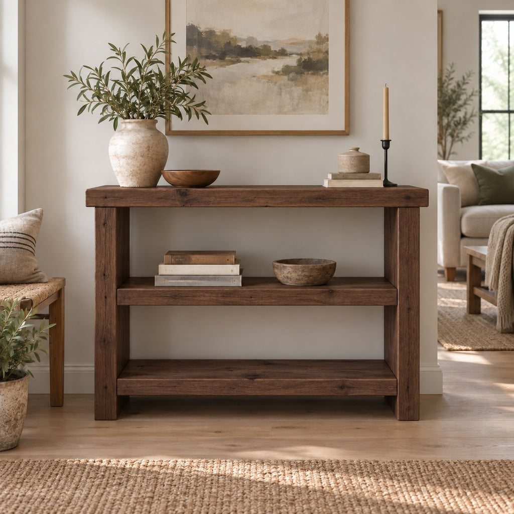 Chunky Solid Wood Entryway Console Table with Two Open Shelves, Rustic Pine Narrow Hallway Storage