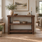 Chunky Solid Wood Entryway Console Table with Two Open Shelves, Rustic Pine Narrow Hallway Storage