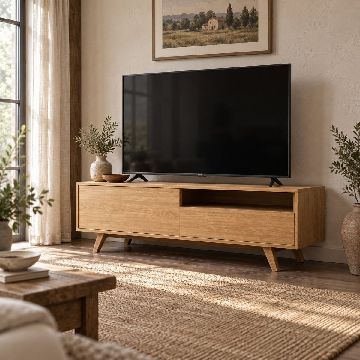 Mid-Century Solid Wood TV Console, Walnut-Tone Oak Media Cabinet with Splayed Legs, Drawer & Open Shelf