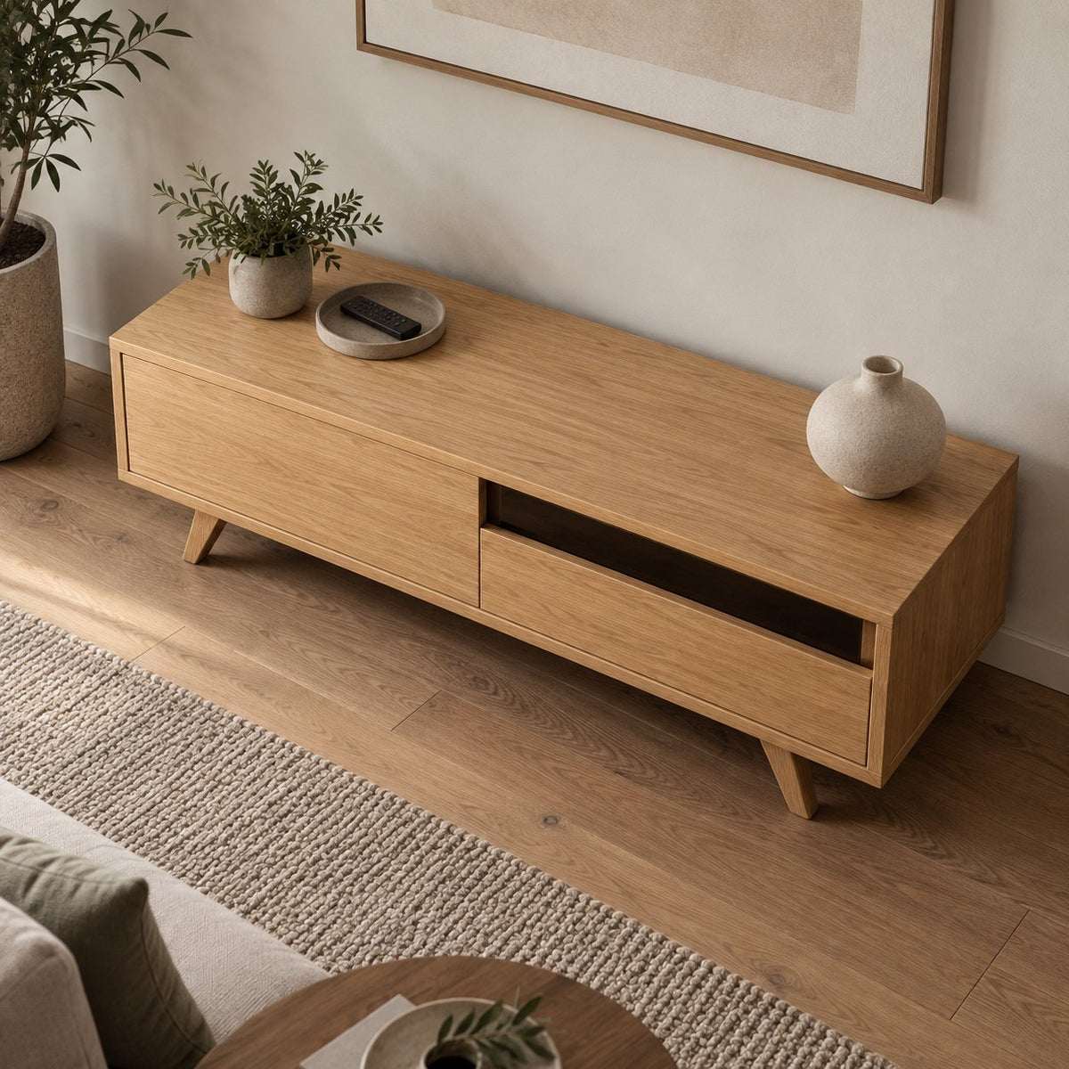 Mid-Century Solid Wood TV Console, Walnut-Tone Oak Media Cabinet with Splayed Legs, Drawer & Open Shelf