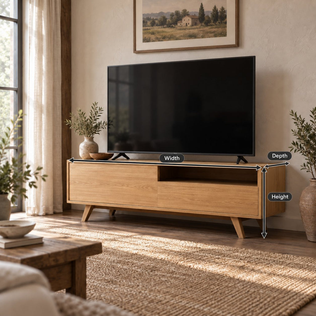 Mid-Century Solid Wood TV Console, Walnut-Tone Oak Media Cabinet with Splayed Legs, Drawer & Open Shelf
