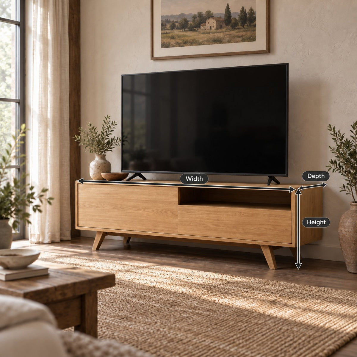 Mid-Century Solid Wood TV Console, Walnut-Tone Oak Media Cabinet with Splayed Legs, Drawer & Open Shelf