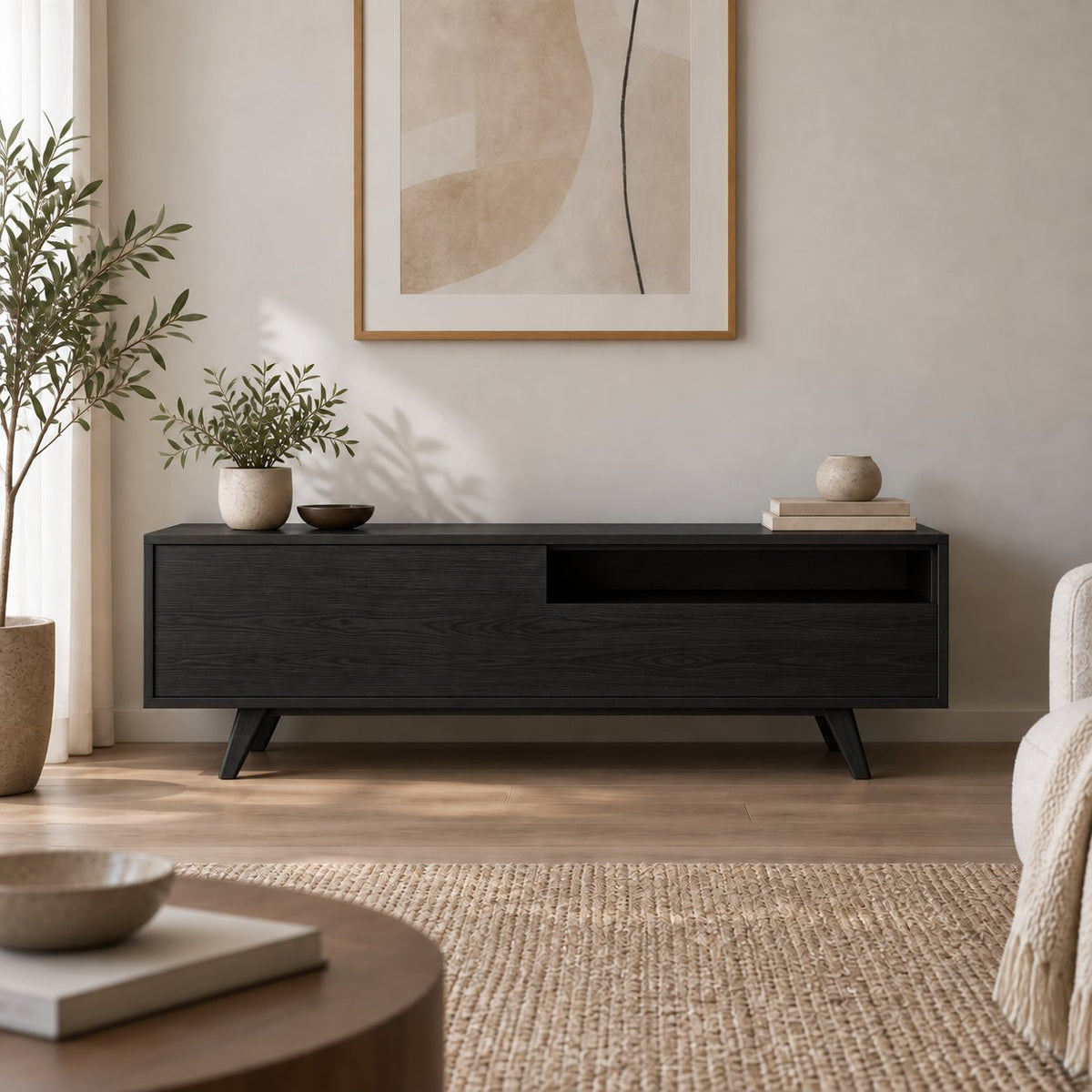 Mid-Century Solid Wood TV Console, Walnut-Tone Oak Media Cabinet with Splayed Legs, Drawer & Open Shelf