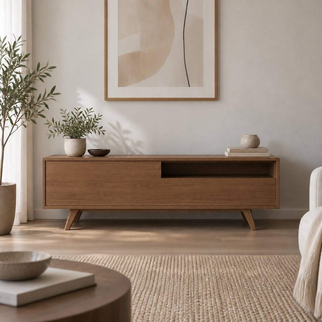 Mid-Century Solid Wood TV Console, Walnut-Tone Oak Media Cabinet with Splayed Legs, Drawer & Open Shelf