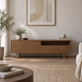 Mid-Century Solid Wood TV Console, Walnut-Tone Oak Media Cabinet with Splayed Legs, Drawer & Open Shelf