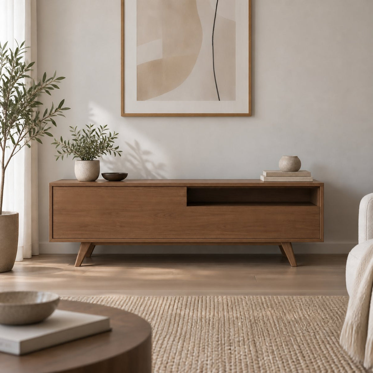 Mid-Century Solid Wood TV Console, Walnut-Tone Oak Media Cabinet with Splayed Legs, Drawer & Open Shelf