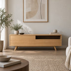 Mid-Century Solid Wood TV Console, Walnut-Tone Oak Media Cabinet with Splayed Legs, Drawer & Open Shelf