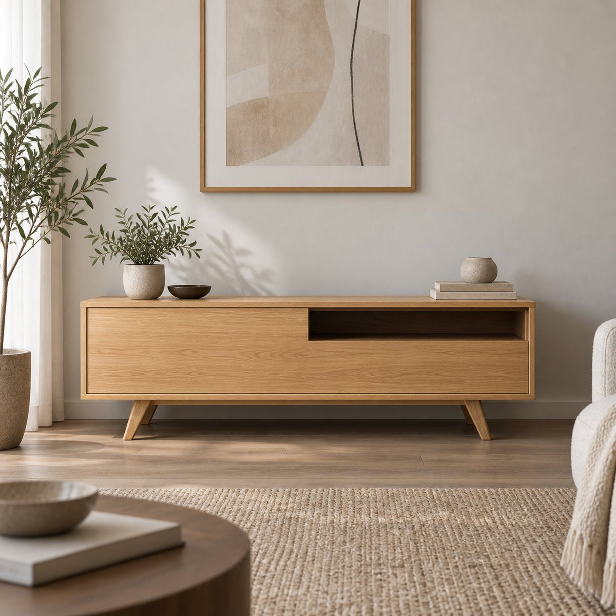 Mid-Century Solid Wood TV Console, Walnut-Tone Oak Media Cabinet with Splayed Legs, Drawer & Open Shelf