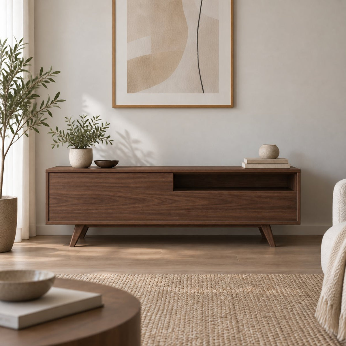Mid-Century Solid Wood TV Console, Walnut-Tone Oak Media Cabinet with Splayed Legs, Drawer & Open Shelf