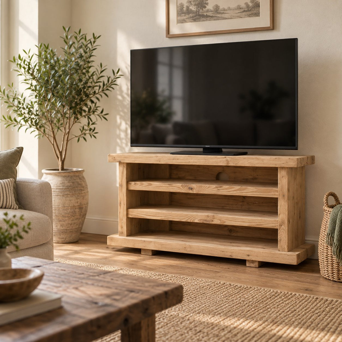 Rustic Chunky-Plank Corner TV Stand, Solid Wood Media Console with Open Shelves in Warm Oak Tone