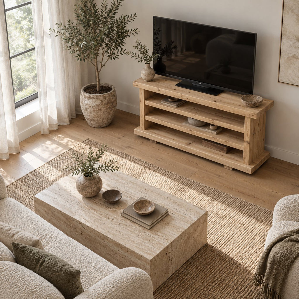 Rustic Chunky-Plank Corner TV Stand, Solid Wood Media Console with Open Shelves in Warm Oak Tone