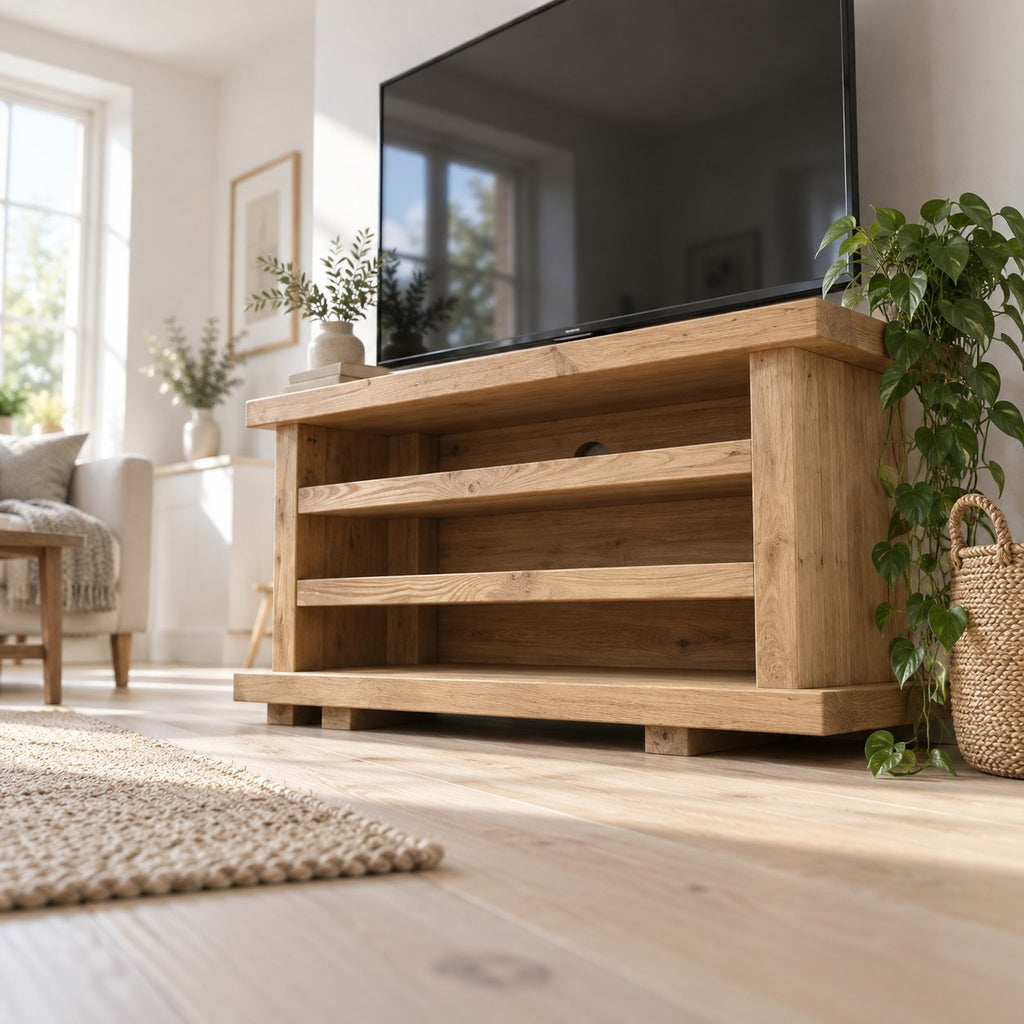 Rustic Chunky-Plank Corner TV Stand, Solid Wood Media Console with Open Shelves in Warm Oak Tone
