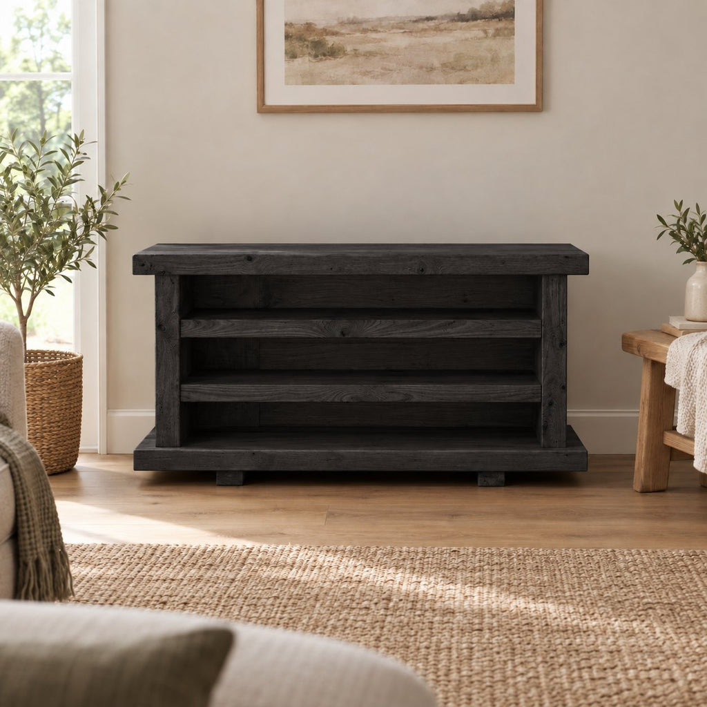 Rustic Chunky-Plank Corner TV Stand, Solid Wood Media Console with Open Shelves in Warm Oak Tone