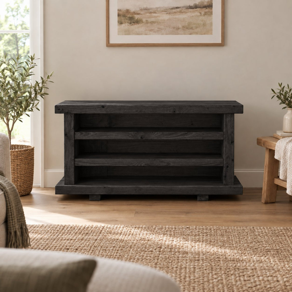 Rustic Chunky-Plank Corner TV Stand, Solid Wood Media Console with Open Shelves in Warm Oak Tone