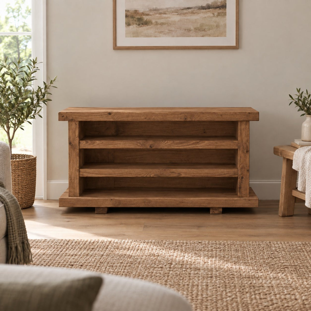 Rustic Chunky-Plank Corner TV Stand, Solid Wood Media Console with Open Shelves in Warm Oak Tone
